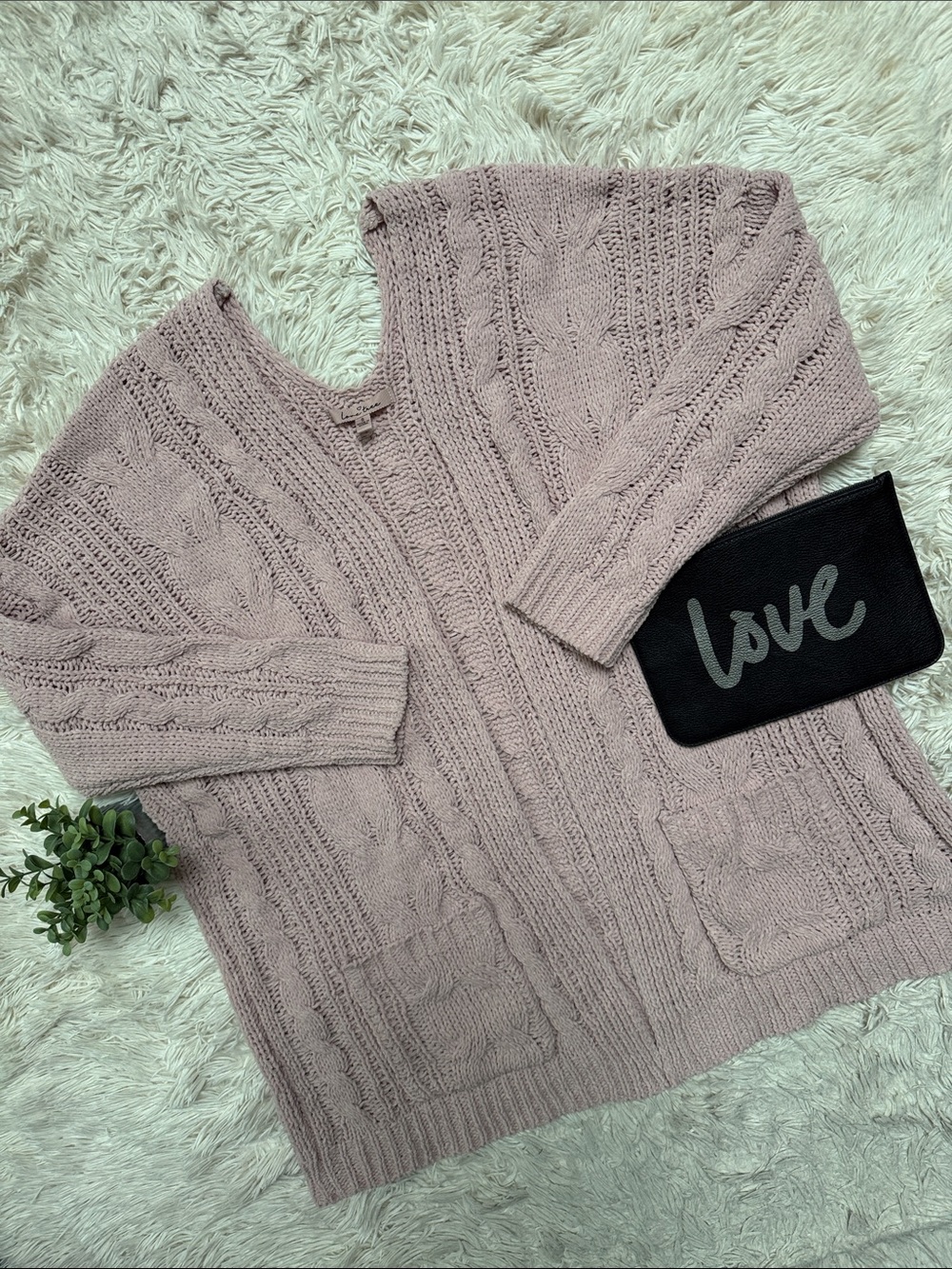 Love Tree Cable Knit V-Neck Pocket Cardigan 💗 Dusty Mauve